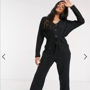 ASOS lounge jersey button-front long sleeve tie waist jumpsuit in black